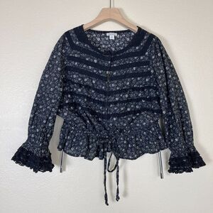 Sundance Women's Size M Poplin Floral Ruffle Tiered Puff Cotton Blouse Cottage